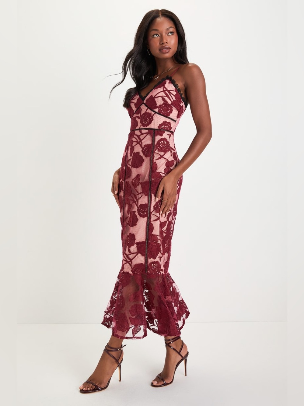 Lulus Alluring Dream Burgundy Floral Mesh Lace Trumpet Midi Dress